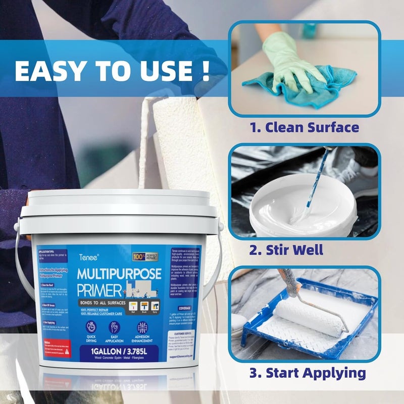 Tenee 1 Gallon Liquid Rubber Multi-Purpose Primer, EPDM & TPO Primer with Gloves, Water-Based Elastomeric Roof Coating for Outdoor, High-Adhesion Bonding RV Roof Coating for Concrete, Deck, Wood, Metal - Image 5